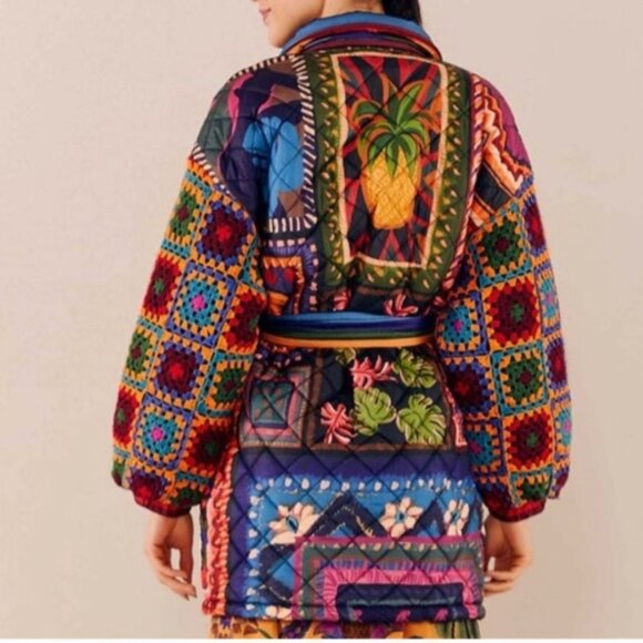 Farm Rio Crochet Sleeve Puffer Jacket Patchwork Tapestry Winter Tropical Longlin - Picture 3 of 15